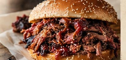Smoked brisket piled onto a toasted sesame bun