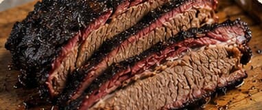 Sliced smoked brisket showing a dark bark and pink smoke ring