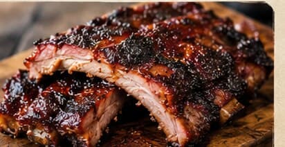 A glazed rack of smoked ribs resting on a wooden board